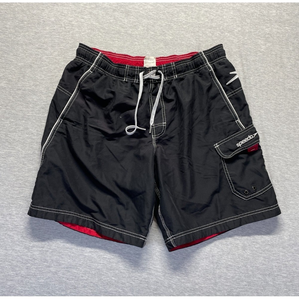 Speedoโ Trunks Shorts Mens M Black Cargo Pockets Swimwear White Seams Drawstring